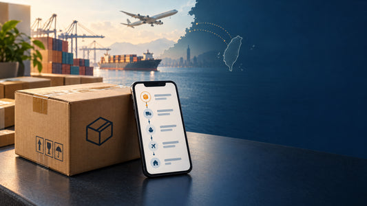 包裹、手機物流追蹤、貨輪、飛機與台灣輪廓的跨境集運狀態示意圖