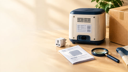 小家電、插頭轉接器、規格資料與包裹在跨境購物前進行核對的示意圖